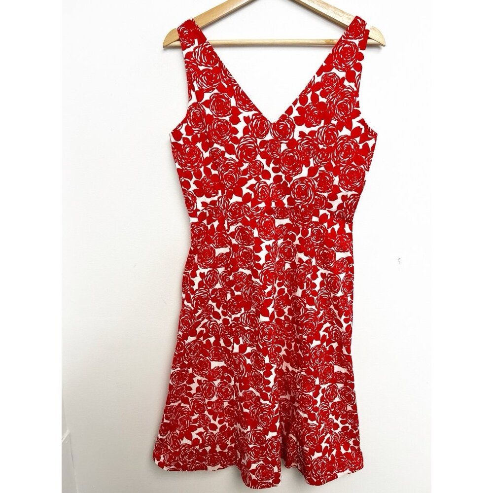 BODEN Red Rose Floral Dress Sz 12r (UK) = 8 (US) V-Neck Sleeveless Lined Cotton